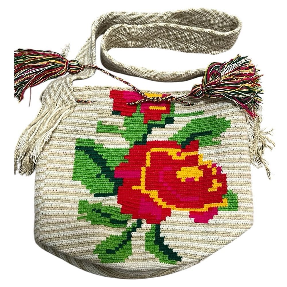 Woven Bucket Bag Chevron Strap Webbing Floral Design Wayuu Hippie Festival Boho